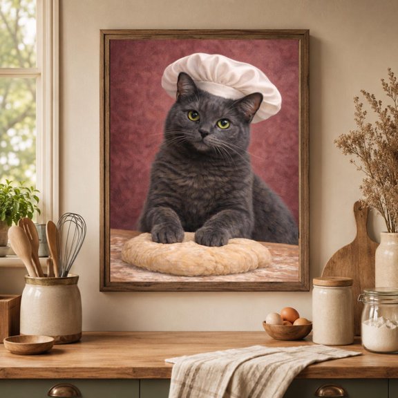 Grey Cat Baking Bread Wall Art Print With Vintage Kitchen And Baker Decor