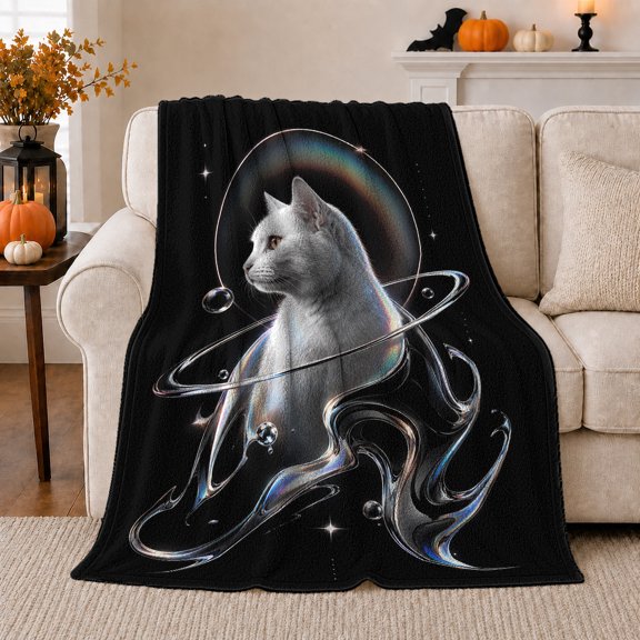 Grey Cat In Crystal Orb With Ring Rainbow Arc Chrome Waves Stars Pumpkins And Lantern Mystical Feline Art Flannel Blanket For Cat Lovers Home Decor Cozy Bedroom Living Room Housewarming Gift