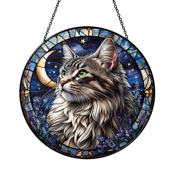 Grey Cat Moon Stained Glass Suncatcher, Starry Night Celestial Window Decor, Peaceful Cat Lover Gift
