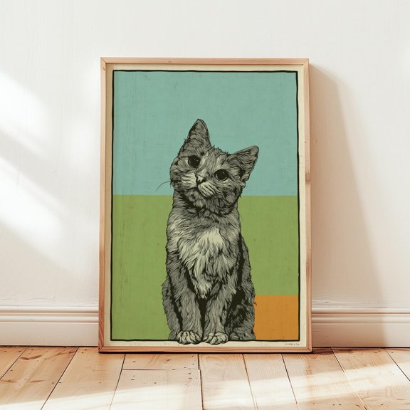 Grey Cat Pastel Animal Decor Wall Art Unframed Paper Print