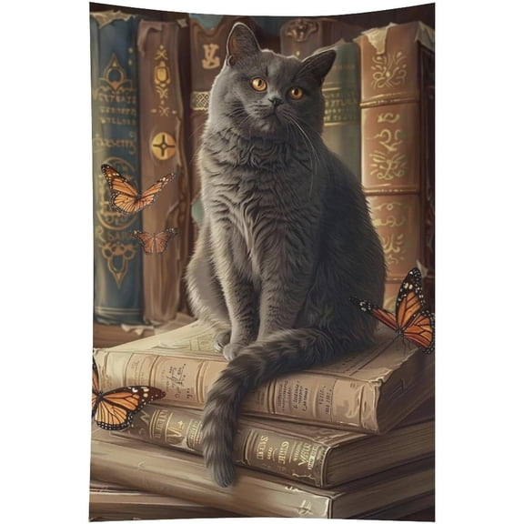Grey Cat with Butterflies on Books Tapestry Wall Hanging for Bedroom, Living Room, Dorm Wall Art Colorful Psychedelic Tapestry for Home Dcor 40"x60"