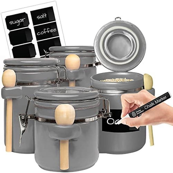Grey Ceramic Kitchen Airtight Canisters Set for Countertop with Wooden Spoons and Reusable Chalk Marker and Labels for Sugar, Coffee, Flour, Tea