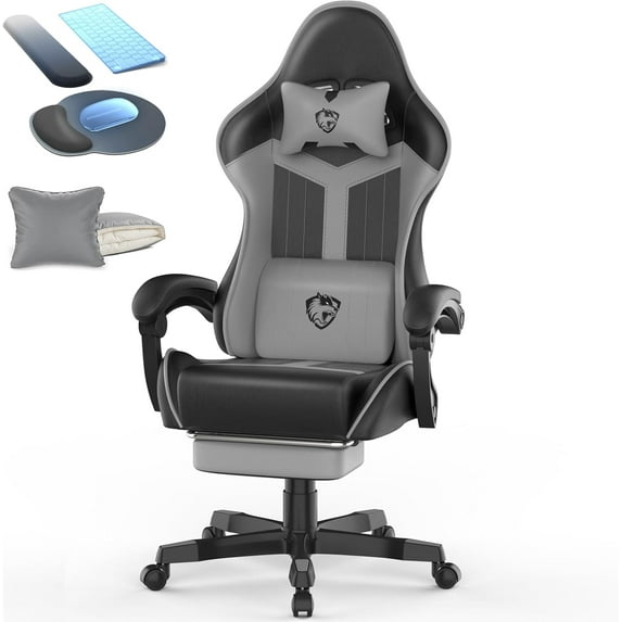 Grey Chair with Mouse Pad Set, Ergonomic Computer Office Chair with Wider Seat Cushion, Reclining PU Leather Gamer Chair with Footrest for Adults, High Back Video Game Chair