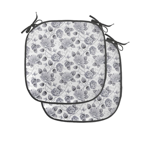 Grey Chair Seating Cushion Set of 2, Floral Patterns Victorian Inspired Roses with Dark Flowers in Monochrome Graphic Print, Seat Pads with Anti-slip Backing, 16"x16", Grey White, by Ambesonne