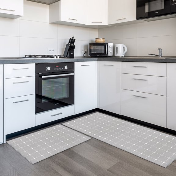 Grey Checkered 2 Pieces Non-Slip Kitchen Mat Set, Modern Minimalist Geometric Grid Lines Plaid Soft Door Mat with Rubber Backing, Dirtproof Rugs for Entrance Doorway, 15.7 x 47.2in