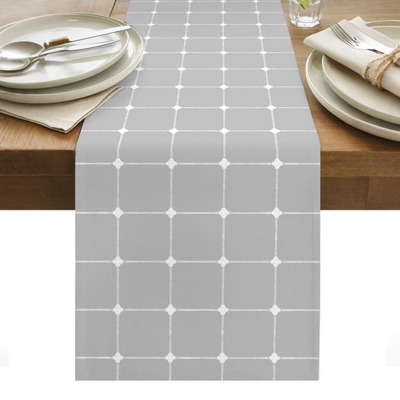 Grey Checkered Cotton Linen Table Runner Modern Minimalist Geometric Grid Lines Plaid Dining Table Runners for Home Decor Party Dining Room Restaurant Kitchen Party 13" x 72"