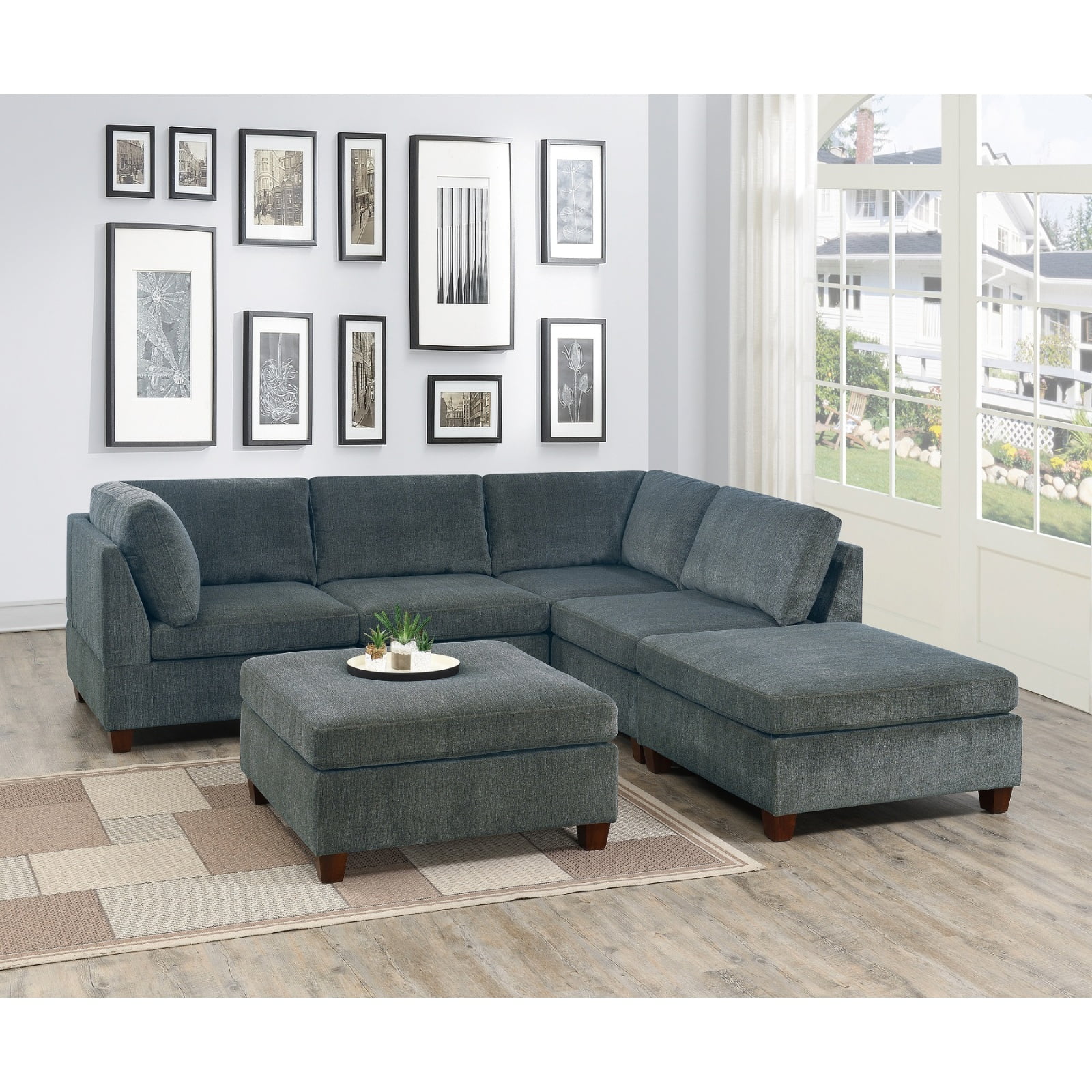 Grey Chenille 6pc Modular Sectional Sofa Set, Corner LSectional Modern Couch, 2x Corner Wedges