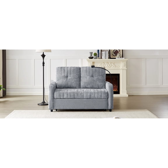 Grey Chenille Loveseat Pull-out Sofa Bed with 3 Charging Ports, Phone Holder and Cup Holders - Good for Socializing at Home