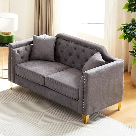 Grey Chenille With Button Back, Metal Legs, 2 Pillows For Living Room Decoration Modern Fabric, Tufting, Wooden Frame, Golden Style