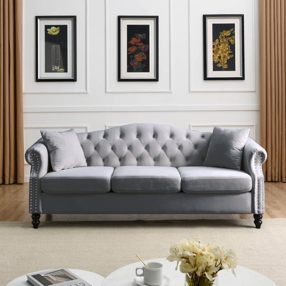 Grey Chesterfield 3 Seater Sofa, Velvet Couch with 2 Pillows and Thick Upholstered Cushion Solid Wood Feet. Modern Sofa for Living Room Bedroom Office Apartment