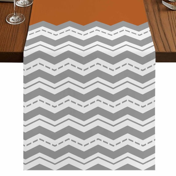Grey Chevron 36 Inch Table Runner, Geometric Orange Print Wavy Striped White Farmhouse Dresser Scarf Cotton & Linen Tablerunner for Dining/Kitchen Island/Holiday Party Décor Small 13" x 36"