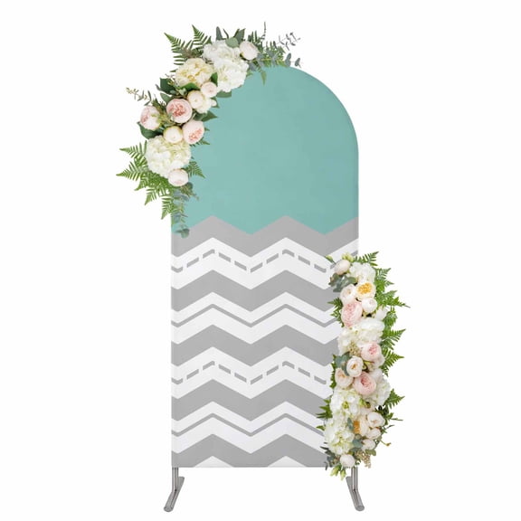 Grey Chevron Arch Backdrop Cover 4FT, Geometric Turquoise Print Wavy Striped White Spandex Fitted Stretchy Arch Stand Covers, Round Top Chiara Backdrop Cover for Wedding Party Birthday Baby Shower