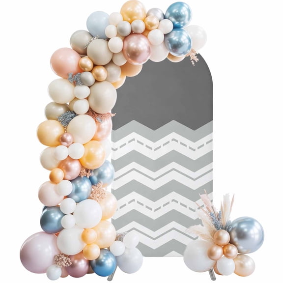 Grey Chevron Arch Backdrop Cover 5Ft, Wedding Arch Covers Stretchy Backdrop, Geometric Ocean Abstract Wavy Striped White Fitted 2 Sided Arched Photo Background for Birthday Party Decorations