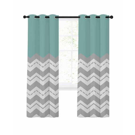 Grey Chevron Blackout Curtains, Light Blocking Print Window Curtains, Geometric Turquoise Print Wavy Striped White Thermal Insulated Window Drapes for Living Room 2 Panels, 104"W x 52"L