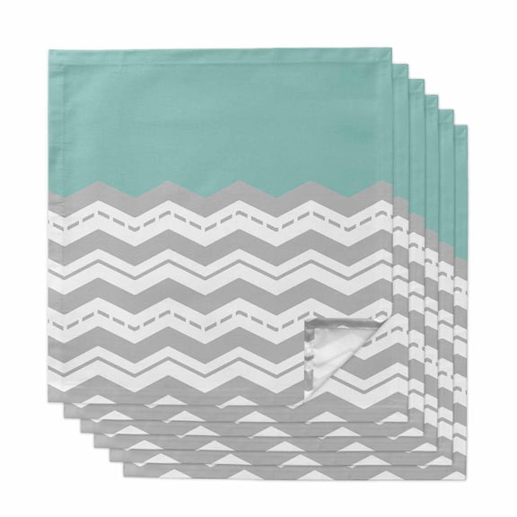 Grey Chevron Cloth Napkins, Geometric Turquoise Print Wavy Striped White Washable and Reusable Dinner Napkins Set of 6, Table Napkin for Kitchen Party Birthday Wedding Hotel Housewarming 20"x20"