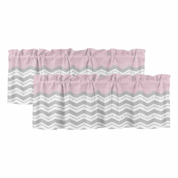 Grey Chevron Curtain Valances for Windows, Kitchen Valance Window Treatments Panel 2 Pack, Geometric Pink Print Wavy Striped White Rod Pocket Short Curtains for Bathroom Bedroom 42 x 12 Inch