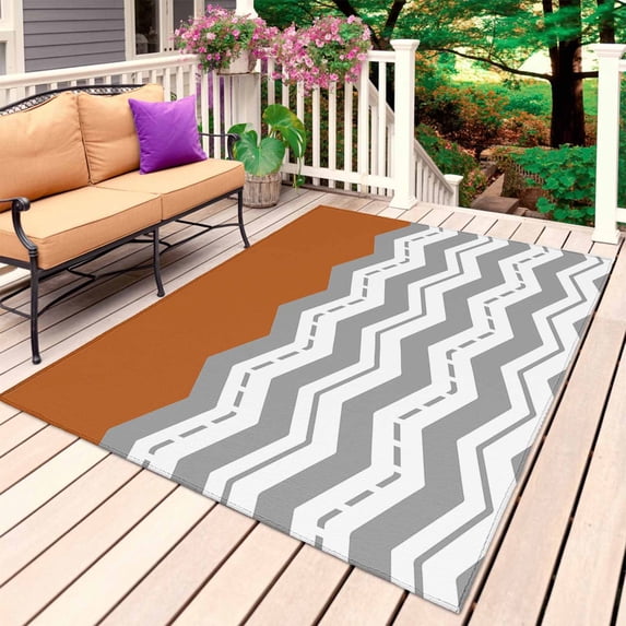 Grey Chevron Outdoor Rug 3x5 Ft, Non Slip Washable Area Rug, Geometric Orange Print Wavy Striped White Patio Rugs Carpet Runner, Large Floor Mat for Indoor/Outdoor Deck Porch Camping