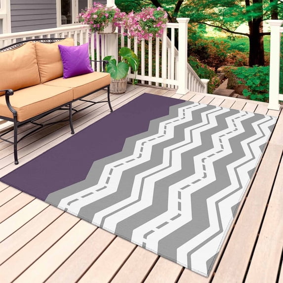 Grey Chevron Outdoor Rug 3x5 Ft, Non Slip Washable Area Rug, Geometric Purple Print Wavy Striped White Patio Rugs Carpet Runner, Large Floor Mat for Indoor/Outdoor Deck Porch Camping