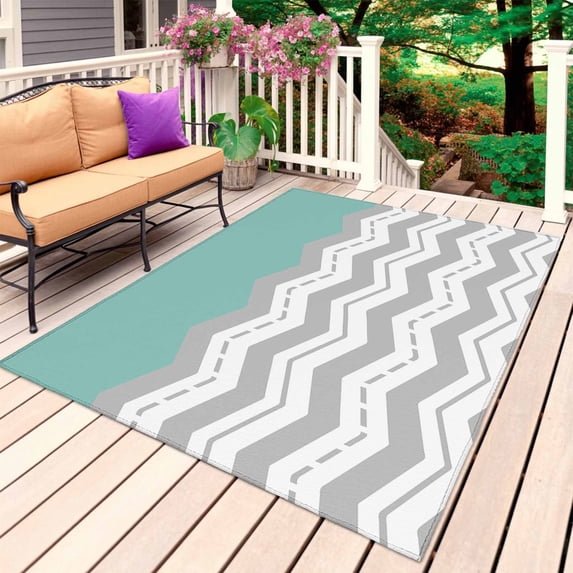 Grey Chevron Outdoor Rug 4x6 Ft, Non Slip Washable Area Rug, Geometric Turquoise Print Wavy Striped White Patio Rugs Carpet Runner, Large Floor Mat for Indoor/Outdoor Deck Porch Camping