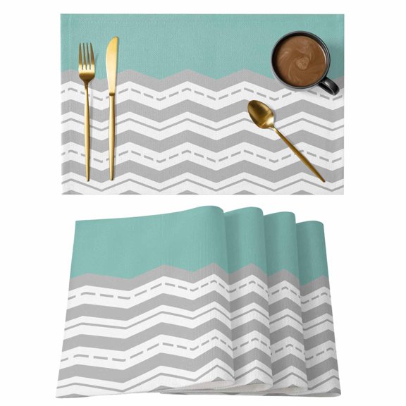 Grey Chevron Placemats Set of 4 Geometric Turquoise Print Wavy Striped White Place Mats Indoor Wipeable Table Mats Washable Dining Table Placemats for Kitchen Holiday Party Home Decor 13x19 Inch