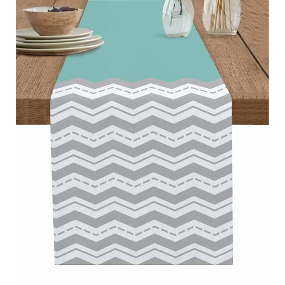 Grey Chevron Table Runner 36 Inches, Geometric Turquoise Print Wavy Striped White Bed Runner Dresser Scarves Tabletop for Indoor Outdoor Parties/Ceremony/Banquet, 13"x 36"