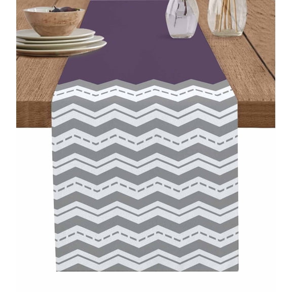 Grey Chevron Table Runner Cotton Linen 120 Inch Holiday Dresser Scarves, Geometric Purple Print Wavy Striped White Tablerunner for Kitchen Coffee Dining Bedroom Dinner Scarf Décor 13''x120''