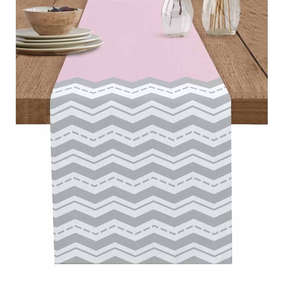 Grey Chevron Table Runner Cotton Linen 36 Inch Holiday Dresser Scarves, Geometric Pink Print Wavy Striped White Tablerunner for Kitchen Coffee Dining Bedroom Living Room Dinner Scarf Décor 13''x36''