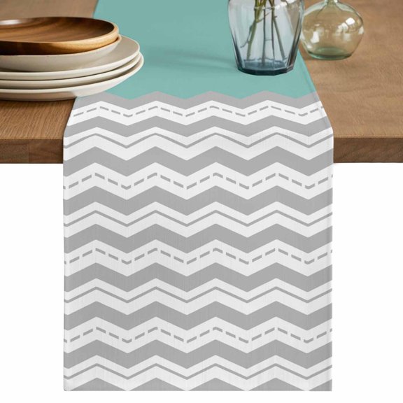 Grey Chevron Table Runner, Geometric Turquoise Print Wavy Striped White Washable Cotton Linen Table Runners 36 Inches Long, Dresser Scarf Runner for Nightstand/End Tables/Round Tables 13''x36''