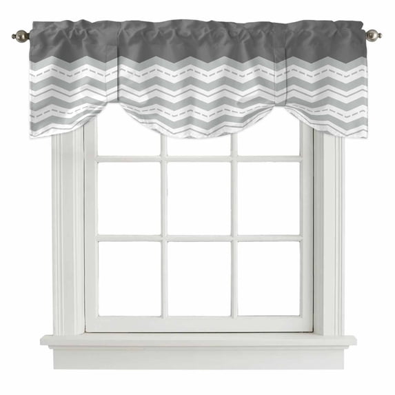 Grey Chevron Tie Up Valance Curtains for Windows, Kitchen Curtains Window Treatments, Geometric Ocean Abstract Wavy Striped White Short Window Shades Valances for Bedroom Bathroom Cafe 42"x18"