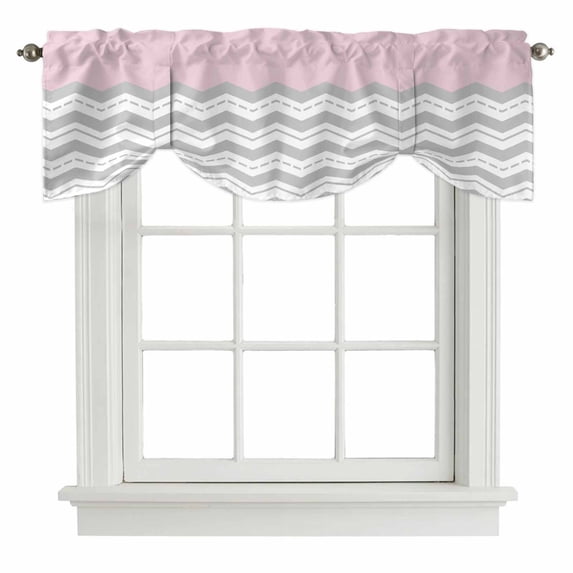 Grey Chevron Tie Up Valance Curtains for Windows, Kitchen Curtains Window Treatments, Geometric Pink Print Wavy Striped White Short Window Shades Valances for Bedroom Bathroom Cafe 54"x18"