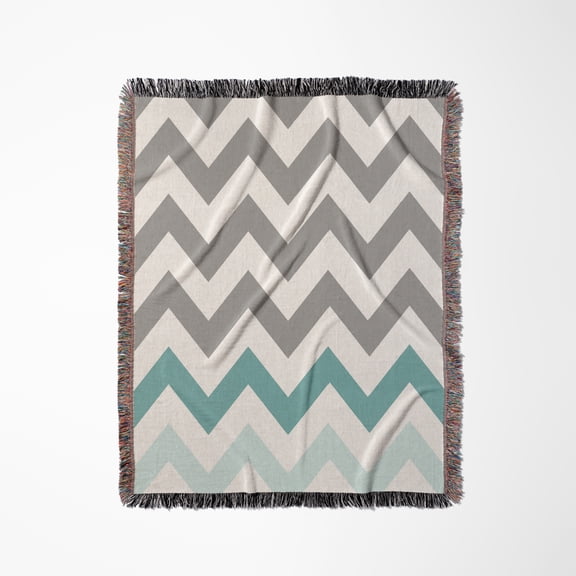 Grey Chevron With Mint Turquoise Zig Zag Accent Gray Zigzag Pattern, Woven Blanket