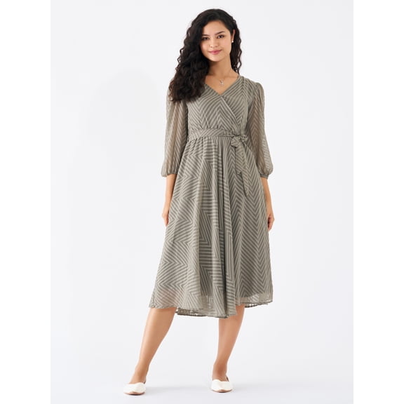 Grey Chiffon Brasso Swiss Dot V-Neck Dress