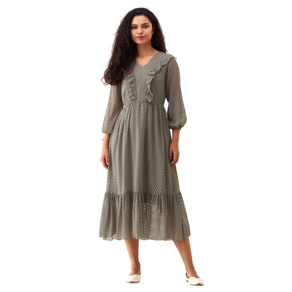 Grey Chiffon Brasso Swiss Dot V-Neck Dress