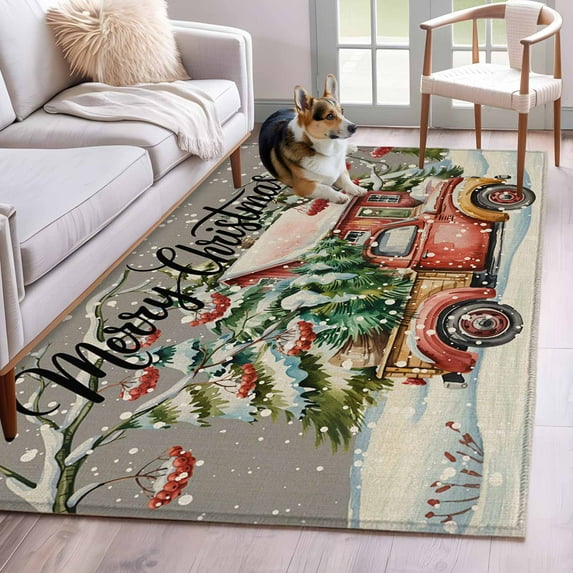 Grey Christmas Area Rug 3x5 Washable Rug Non Slip Winter Vintage Farmhouse Xmas Tree Truck Large Area Rug Indoor Floor Carpet for Entryway Bedroom Kitchen Living Room Home Office Dining Room Nursery