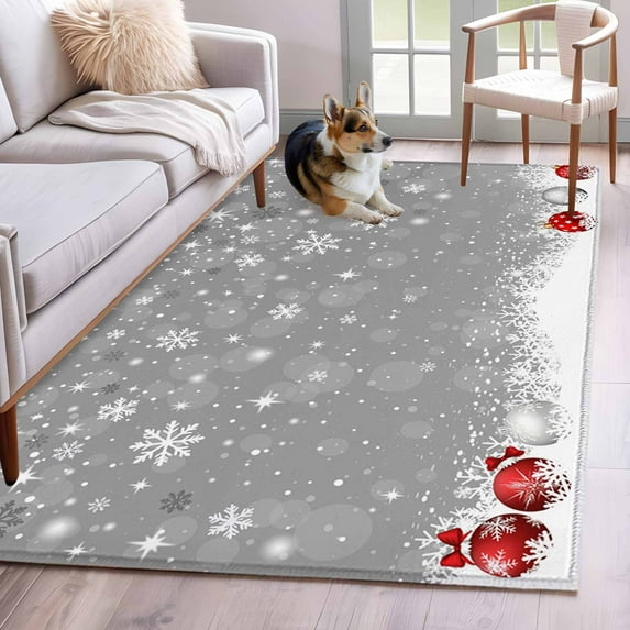 Grey Christmas Area Rug 4x6 Washable Rug Non Slip Xmas Snowflake Ball Winter Snowflake Large Area Rug Indoor Floor Carpet for Entryway Bedroom Kitchen Living Room Home Office Dining Room Nursery