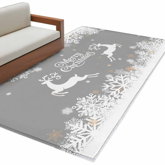 Grey Christmas Area Rug Washable 3x5 Entryway Rug Non-Slip Indoor Low Pile Xmas Elk White Snowflake Winter Holiday Floor Carpet Small Rugs for Bedroom Office Living Room Kitchen Entrance Nursery