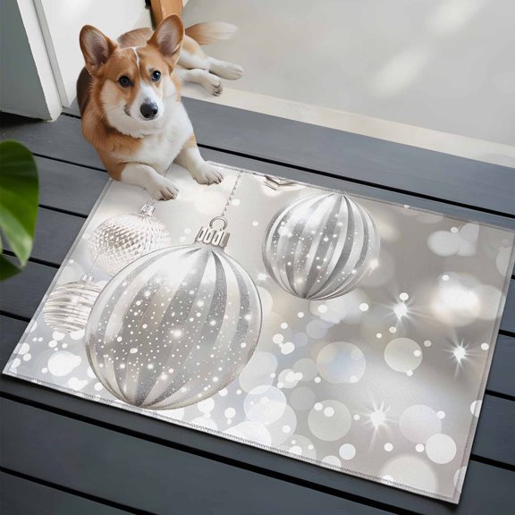 Grey Christmas Balls Bathroom Mat 2x3 FT, Non Slip Small Kitchen Mat, Xmas Balls Gray Washable Soft Backed Front Door Throw Rug Non-Shedding Indoor Outdoor Doormat for Entryway Sink