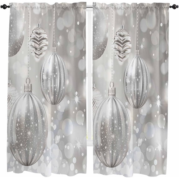 Grey Christmas Balls Kitchen Curtains 84 Inch Length, Farmhouse Curtains & Drapes, Xmas Balls Gray Rod Pocket Window Curtains for Living Room/Bedroom/Bathroom, 52" x 84", 2 Panels
