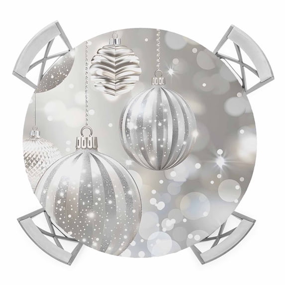 Grey Christmas Balls Round Tablecloth for 36-44 Inch Tables, Fitted Table Cover with Elastic Edge, Xmas Balls Gray Waterproof Outdoor Table Cloth Protector for Patio Garden Dinner Picnic