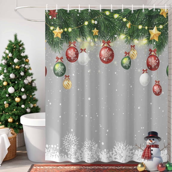 Grey Christmas Balls Shower Curtain, 72" x 72", Xmas Pine Needle Red Ball Star Winter Snowflake Waterproof Bathroom Curtain Washable Shower Curtain Set with 12 Hooks