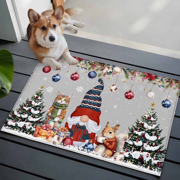 Grey Christmas Bathroom Mat 2x3 FT,Non Slip Small Kitchen Mat,Winter Gnomes Poinsettia Pine Tree Animals Washable Soft Backed Front Door Throw Rug Indoor Outdoor Doormat for Entryway Sink