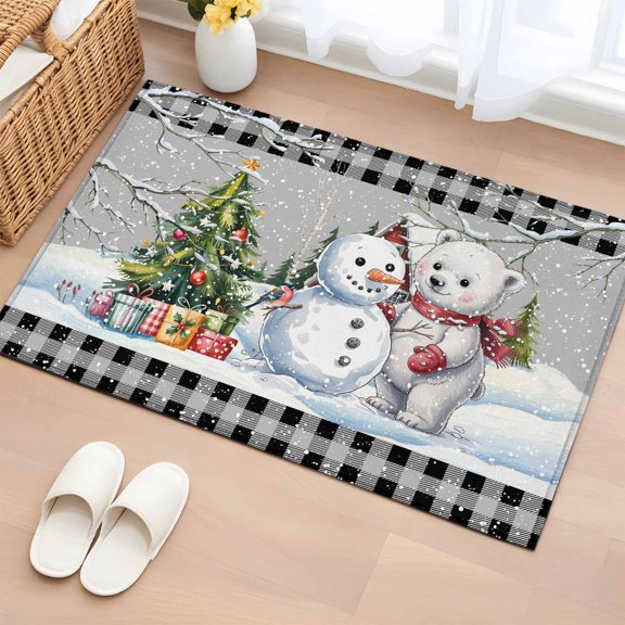 Grey Christmas Bathroom Rug Washable 2x3 Entryway Rug Non Slip Xmas Tree Snowman Bear Snowfall Plaid Front Door Mat Low Pile Indoor Doormat Throw Floor Carpet for Kitchen Bedroom Entrance