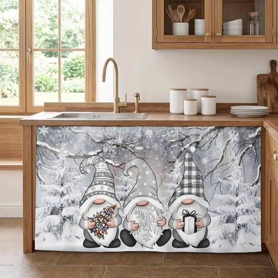 Grey Christmas Cabinet Curtain 28"Wx51"L,Dustproof Storage Cabinet Curtain with Self Adhesive Tape,Gnomes Xmas Snowflake Gifts Winter Tall Pantry Cover Drape for Kitchen,Laundry Room,Utility Closet