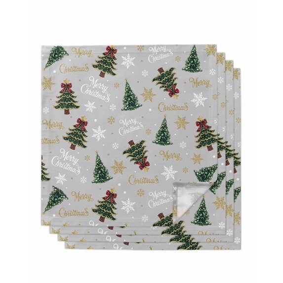 Grey Christmas Cloth Napkins Set of 4 Reusable Dinner Napkins, Winter Green Pine Tree Gold Snowflake Cocktail Napkin Washable Table Napkins for Wedding/Holiday Party/Baby Shower 20"x20"