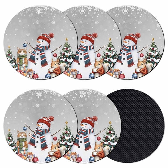 Grey Christmas Coasters Set of 6, Absorbent Coasters for Drinks, Snowman Squirrel Cat Xmas Tree Snowflake Coaster for Desk Coffee Table Protection, Home Decor House Warming Gifts 4"