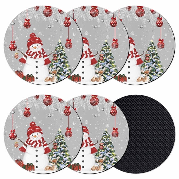 Grey Christmas Coasters Set of 6, Absorbent Coasters for Drinks, Snowman Xmas Balls Pine Needle Tree Coaster for Desk Coffee Table Protection, Home Decor House Warming Gifts 4"