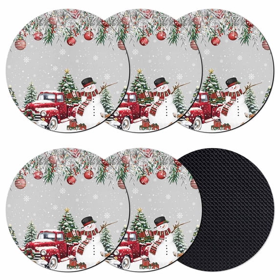 Grey Christmas Coasters Set of 6, Absorbent Coasters for Drinks, Snowman Xmas Truck Balls Tree Coaster for Desk Coffee Table Protection, Home Decor House Warming Gifts 4"
