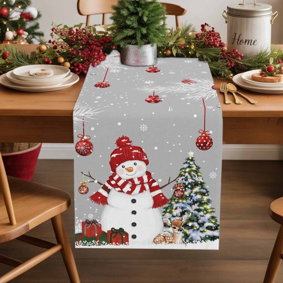 Grey Christmas Cotton Linen Table Extra Long Runner 13 x 120 inch Snowman Xmas Balls Pine Needle Tree Non-slip Rectangular Dining Table Decor for Wedding Party Holiday Dinner