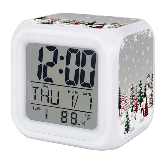 Grey Christmas Digital Alarm Clock for Bedrooms, Smart LED Alarm Clock with 7 Color Changing Night Light, Snowman Xmas Tree Winter Snowflake Silent Wake Up Clocks for Sleep Study Cooking 3.2"x3.2"