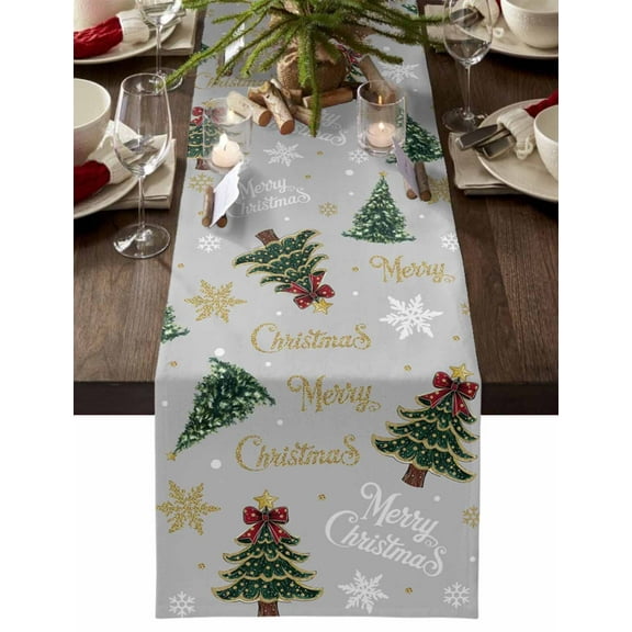 Grey Christmas Dresser Scarf Farmhouse, Dining Table Decorations for Wedding/Parties, Winter Green Pine Tree Gold Snowflake Table Runner 120 Inches Long for Kitchen Dining, 13 x 120 In